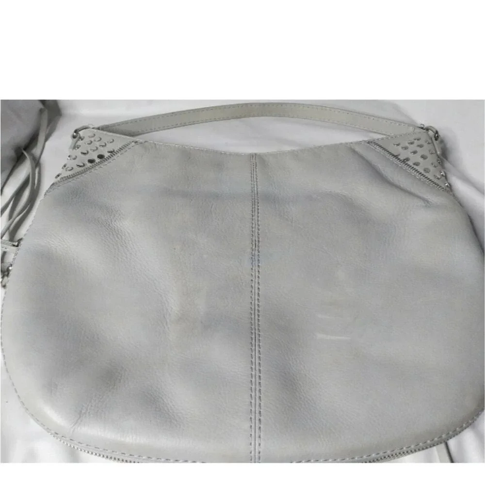 She+Lo  Leather Hobo Shoulder Bag  Studs Tassel Boho Bag Gray Taupe Retail $280